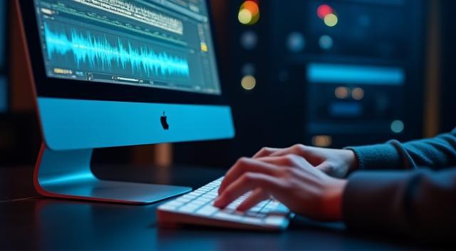 Profissional editando arquivos de áudio em estação digital
