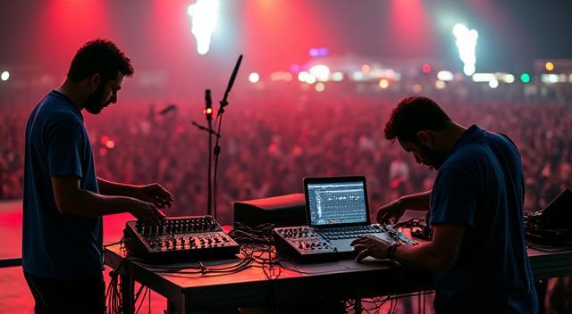 Equipe técnica preparando som para evento ao vivo em Manaus