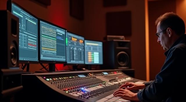 Técnico realizando mixagem de trilhas musicais em estúdio