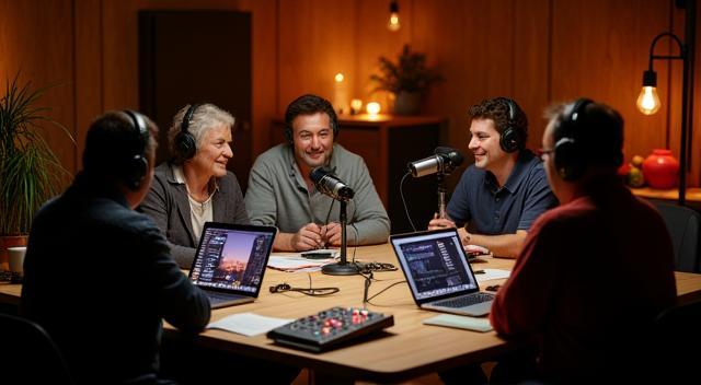 Produtor coordenando mesa redonda de podcast em estúdio decorado