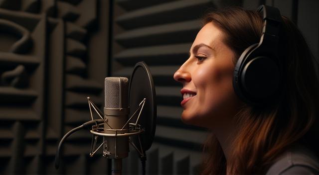 Locutor em cabine gravando voz para anúncio comercial